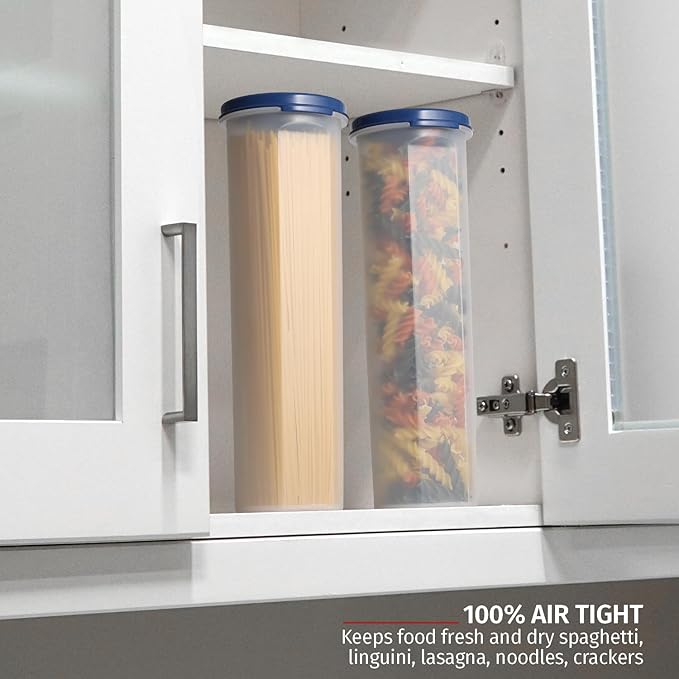 Tall Clear Spaghetti Pasta Container Storage With Lid-2 Pk.Multi-Purpose Kitchen Pantry Organization And Food Storage For Noodles Beans Straws - Airtight Leakproof Spaghetti Keeper BPA Free 37 oz.