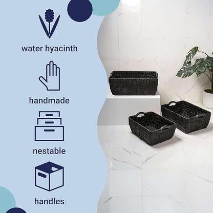 happimess BSK2020C-3SET Astor Bohemian Farmhouse Handwoven Water Hyacinth Nesting Storage Baskets with Wood Handles, Seagrass Containers for Decoration in Living Room, Bedroom, Black (Set of 3)