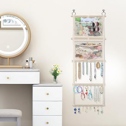 Headband Holder, 17x50in Hair Bow Holder W/ 2 Mesh Pockets & 24 Metal Hooks, Baby Bow Organizer for Girls, Wall Hanging Hair Accessories Organizer Storage Hanger for Toddler Room Nursery Decor(Beige)