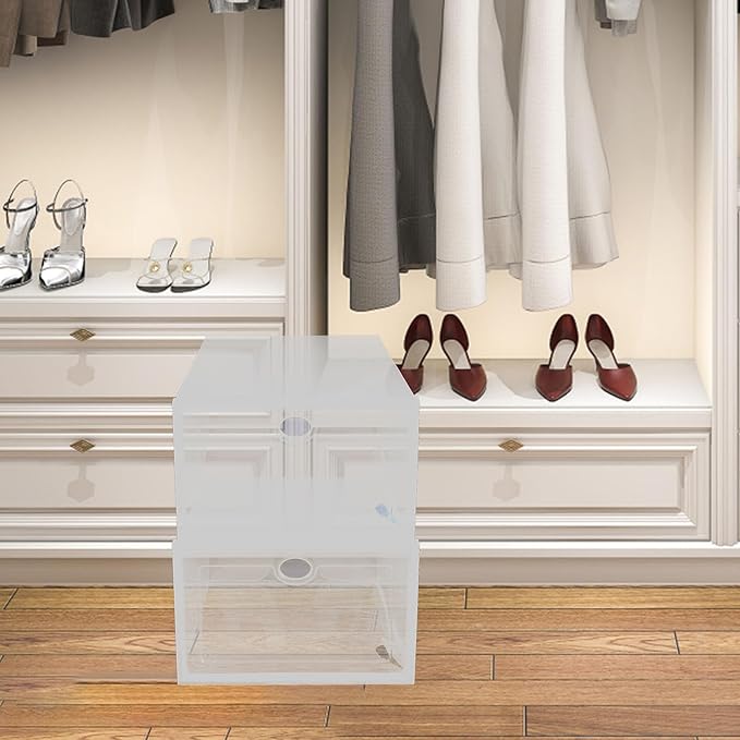 BESPORTBLE Stackable Shoe Storage Boxes Organizer with Oval Pull Handle, 33X23X14Cm White Frame Plastic Shoe Display Case, 5pcs for Men and Women Closet Storage