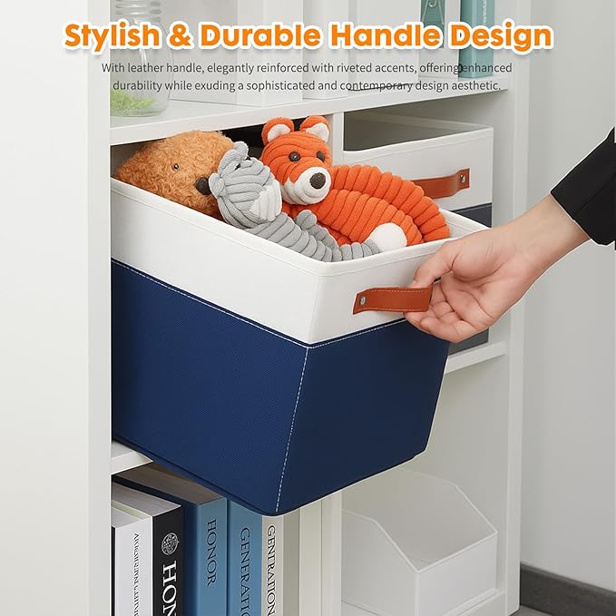 ShellKingdom Storage Bins, Two-Tone Foldable Fabric Storage Cubes with Leather Handle for Closet Toys Clothes Storage Organizer Drawer, 10.5 X 10.5 X 11 inch (White/Dark Blue)