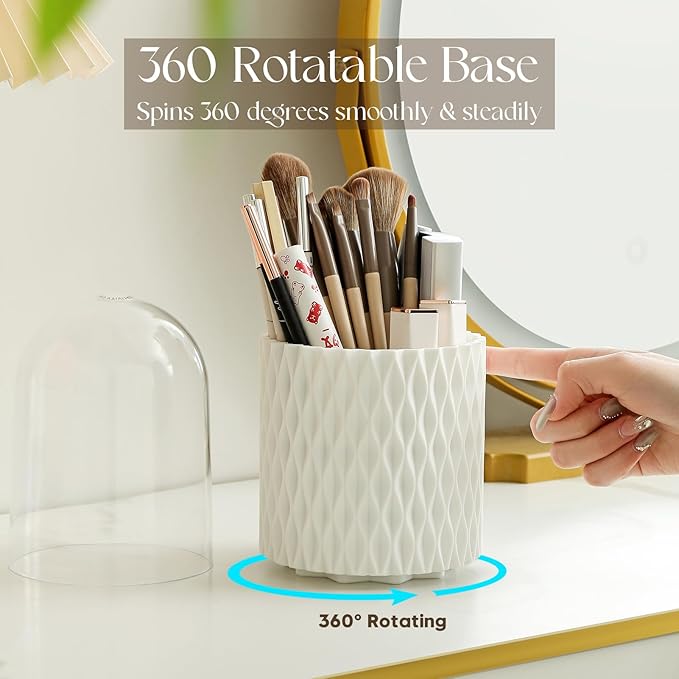 Makeup Brush Holder with Lid, 360° Rotating Dustproof 5-Slot Cosmetic Organizer for Vanity Countertop, Spinning Brush Caddy with Cover for Lipstick, Hair Brush & Art Supply, White
