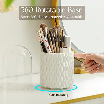 Makeup Brush Holder with Lid, 360° Rotating Dustproof 5-Slot Cosmetic Organizer for Vanity Countertop, Spinning Brush Caddy with Cover for Lipstick, Hair Brush & Art Supply, White