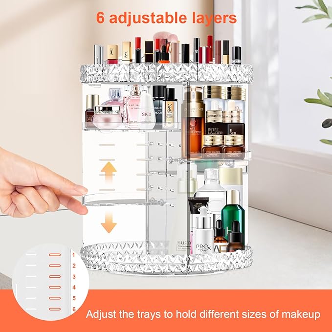 360 Rotating Makeup Organizer for Vanity + Makeup Brush Holder,Perfume Organizer with 6 DIY Adjustable Layer,Large Capacity Skincare Organizers,Lazy Susan Make up Organizer for Bedroom Dresser,Clear