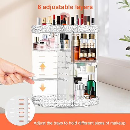 360 Rotating Makeup Organizer for Vanity + Makeup Brush Holder,Perfume Organizer with 6 DIY Adjustable Layer,Large Capacity Skincare Organizers,Lazy Susan Make up Organizer for Bedroom Dresser,Clear
