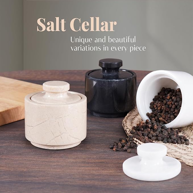 MARBLOUS KRAFTS Marble Salt Cellar with Lid 3" Verona Small Seasoning Dish, Perfect Salt Bowl for Kitchen Countertop Storage, Spice Jars