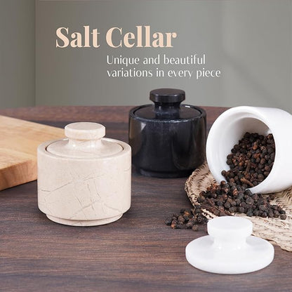 MARBLOUS KRAFTS Marble Salt Cellar with Lid 3" Verona Small Seasoning Dish, Perfect Salt Bowl for Kitchen Countertop Storage, Spice Jars