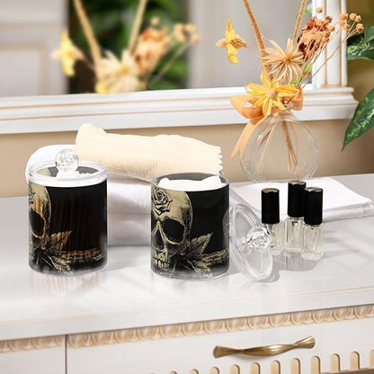 2 Pack Gothic Dark Skull Qtip Cotton Ball Holders Dispenser with Lid, Plastic Jars Bathroom Canisters Storage Organizer