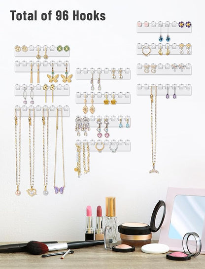 NiHome 12-Pack 96 Hooks Wall-Mounted Clear Plastic Jewelry Organizers for Earrings, Necklaces, Bracelets, Rings, Studs, No-Drill Adhesive Installation Racks for Closet, Bathroom, Bedroom, Mirror