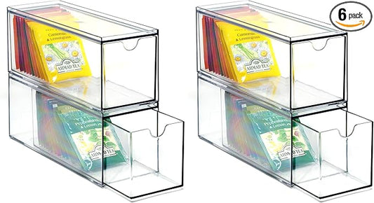 Youngever 3 Drawers Plastic Kitchen Pantry Stackable Storage Organizer, Plastic Tea Packet Organizers, Stackable Tea Bag Holder, 9" x 3" x 3.5" (Pack of 2)