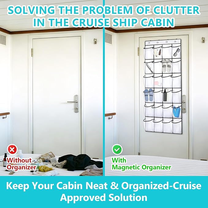 Esoes Cruise Ship Magnetic Door Organizer, 24 Pockets Magnetic Behind the Door Shoe Rack-4 Strong Anti-Scratch Magnets, Over the Door Organizer Cruise Essentials Storage for Cruise Cabin Travel