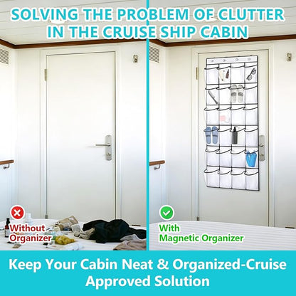 Esoes Cruise Ship Magnetic Door Organizer, 24 Pockets Magnetic Behind the Door Shoe Rack-4 Strong Anti-Scratch Magnets, Over the Door Organizer Cruise Essentials Storage for Cruise Cabin Travel