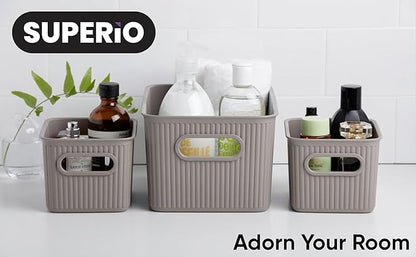 Decorative Plastic Basket Open Home Storage Bins Organizer Baskets, Small Taupe (4 Pack) Container Boxes for Organizing Closet Storage Bins for Shelves Drawer Shelf - Ribbed Collection 1.5 Liter