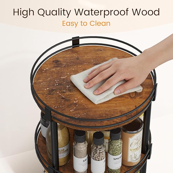 Snughome Lazy Susan Organizer, 3 Tier Rotating Spice Rack, Turntable Lazy Susan Kitchen Countertop Organizer, 10.2" x 10.2" x 18.5", Rustic Brown
