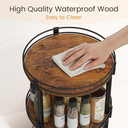 Snughome Lazy Susan Organizer, 3 Tier Rotating Spice Rack, Turntable Lazy Susan Kitchen Countertop Organizer, 10.2" x 10.2" x 18.5", Rustic Brown
