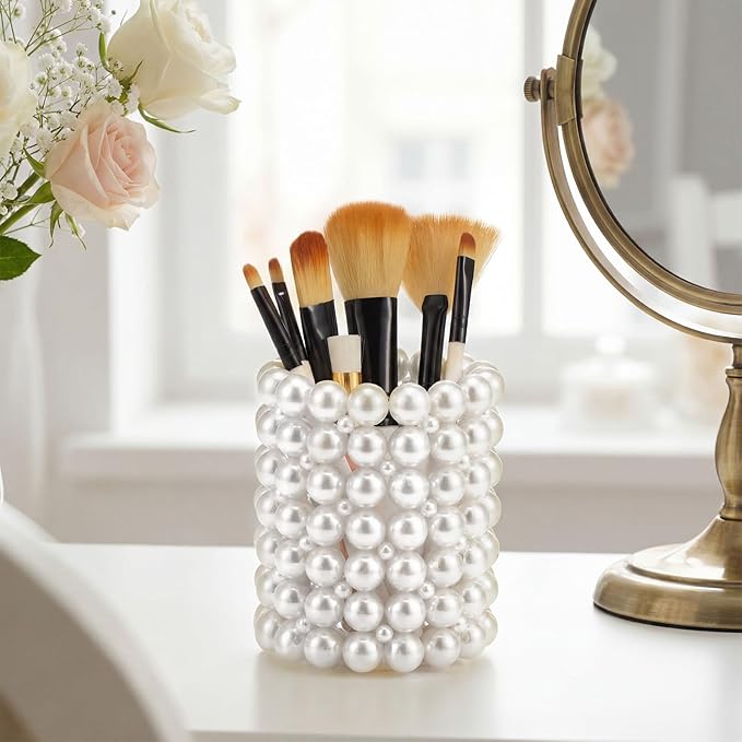Domensi Pearl Makeup Brush Holder Clear Pencil Pen Holder Makeup Brush Storage Container Cup for Table, Dresser, Bathroom, Bedroom Organization