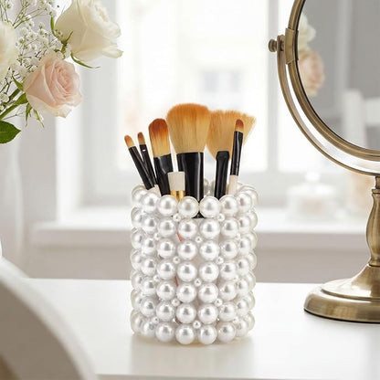 Domensi Pearl Makeup Brush Holder Clear Pencil Pen Holder Makeup Brush Storage Container Cup for Table, Dresser, Bathroom, Bedroom Organization