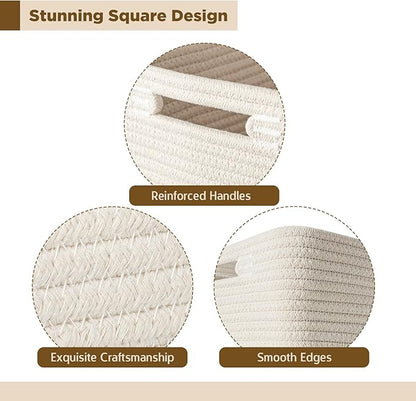 AELS Hand Woven Cotton Basket for Storage, Cube Storage Bins with Handles, Foldable Collapsible Closet Organizers and Storage, Boho Farmhouse Storage Cubes for Shelves, Beige