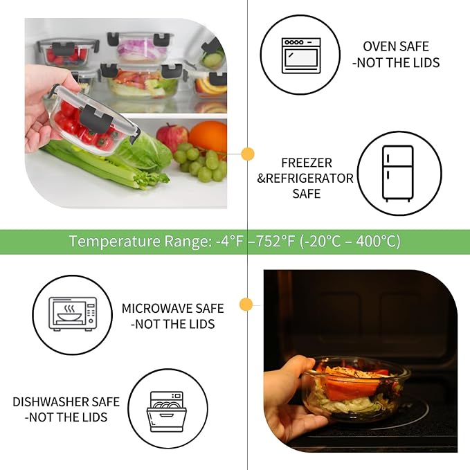 HOMBERKING 18 Piece Glass Food Storage Containers with Lids, Glass Meal Prep Containers, Airtight Lunch Bento Boxes, BPA-Free & Leak Proof, Oven, Freezer and Dishwasher Safe (9 lids & 9 Containers)