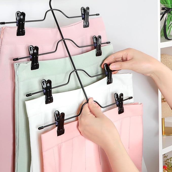 TOPIA HANGER 4 Tier Black Skirt Hangers for Women, Pants Hanger Space Saving with Adjustable Clips, Save 80% More Space, Clip Hanger for Slacks, Trousers, Shorts, Jeans, Towels, 4-Pack, CT75B