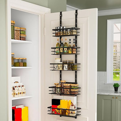Haofy Over The Door Rack Organizer 5 Tier Punchless Hanging Shelf Carbon Steel Construction for Seasonings Cans Fits Cabinet Pantry Doors
