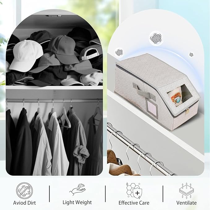 Hat Organizer for Baseball Caps,Holds up to 12 Caps Hat Organizer for Closet, Sturdy Stackable Storage for Men with Clear Lid, Flip-Top Access, Space-Saving Hat Box for Closet, Breathable Fabric