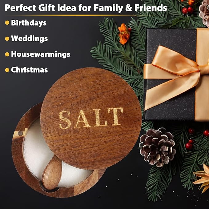 Timtopno Salt Cellar, Acacia Wood Salt Container with Built-in Spoon & Swivel Lid, Engraved SALT Box, Salt Holder Bowl for Countertop Seasoning Storage