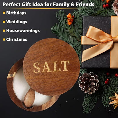 Timtopno Salt Cellar, Acacia Wood Salt Container with Built-in Spoon & Swivel Lid, Engraved SALT Box, Salt Holder Bowl for Countertop Seasoning Storage