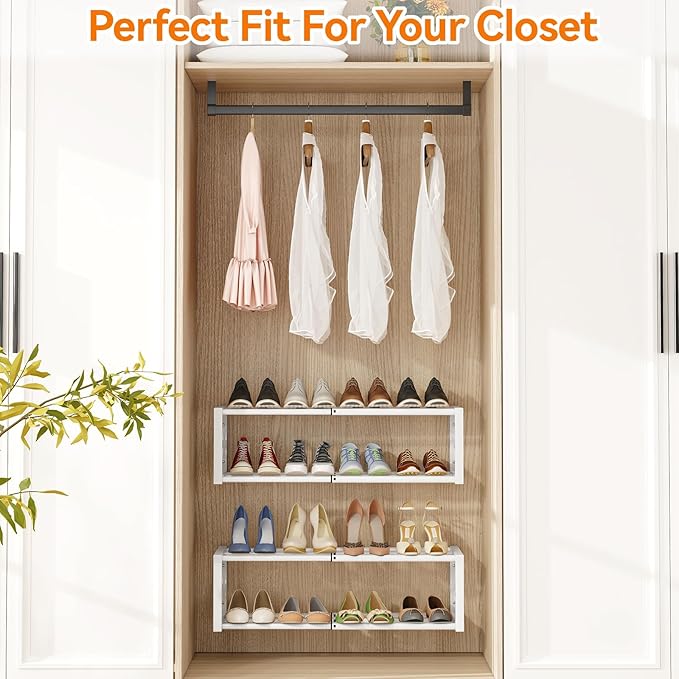IBUYKE 2 Pack Wall Mounted Shoe Rack, 16"-29” Expandable Hanging Shoe Organizer for 12-16 Pairs, Space Saving Metal Wall Shoe Storage for Entryway Closet, White TXJ001W-2