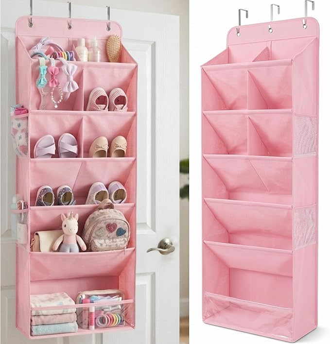 HOMELUX THEORY 6 Tiers Over The Door Shoe Organizer - 100D Extra Thick Deep Pockets Shoe Rack for Closet, 4 Side Pockets Shoe Rack for Entryway & Hanging Shoe Organizer for Closet (V1, Pink)