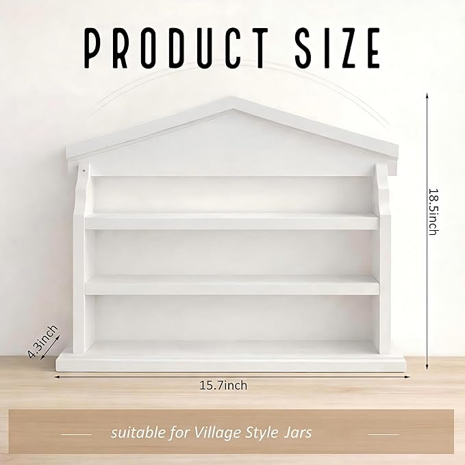 Chunful Spice Jar Wooden Rack with 3 Shelves Hanging Spice Rack Wall Mounting Kitchen Storage Village Style Display Shelf Organizer for 24 Jars, Shelf Only(White Classic House Style)
