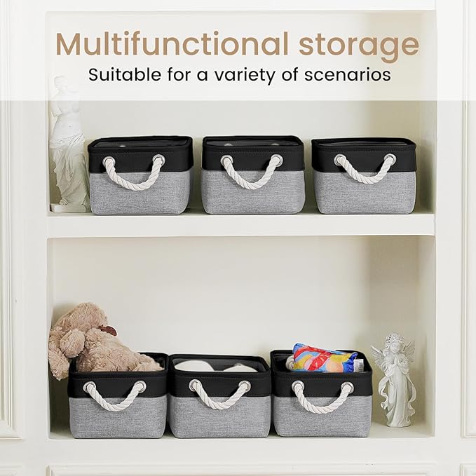 Storage Baskets for Shelves 11.8x7.9x5.2 Inch, Foldable Fabric Storage Bins with Handles, Small Storage Baskets for Organizing Closet, Office, Home Organization (3-Pack, Black&Gray)