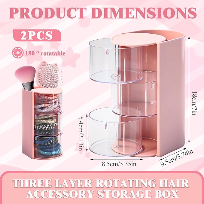 2 Pcs Hair Accessories Organizer with Hair Brush Holder, 3-Tier Rotating Makeup Brush Organizer, Hair Tie Hair Clip Organizer, Jewelry Hair Storage Organizer for Girls, Pink