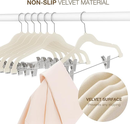 Korpai 36-Pack Beige Velvet Hangers with Clips Adjustable,Adult Hangers,Outfit Hanger,Heavy-Duty,Felt,Non-Slip,Space Saving, for Pants, Skirts, Suits,Coats, Dresses ect.