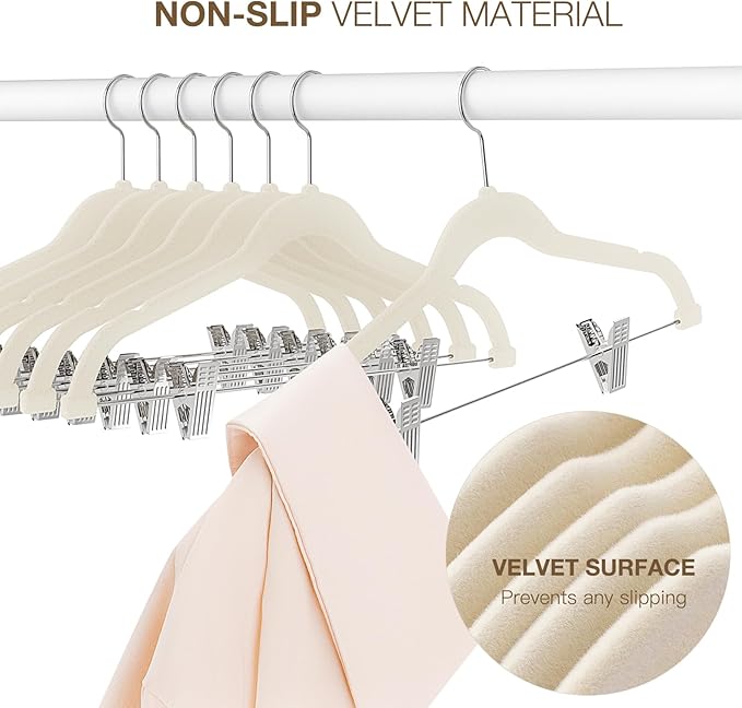 Korpai 24-Pack Beige Velvet Hangers with Clips Adjustable,Adult Hangers,Outfit Hangers,Heavy-Duty,Non-Slip,Space Saving, Felt Hanger for Pants, Skirts, Suits,Coats, Dresses ect.