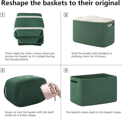OIAHOMY 4 Pack Storage Baskets for Organizing, Cube Storage Bins for Shelves, Rectangle Storage Baskets With Handles, Woven Baskets for Storage, 12.7''Lx9''Wx7.8''H, Green