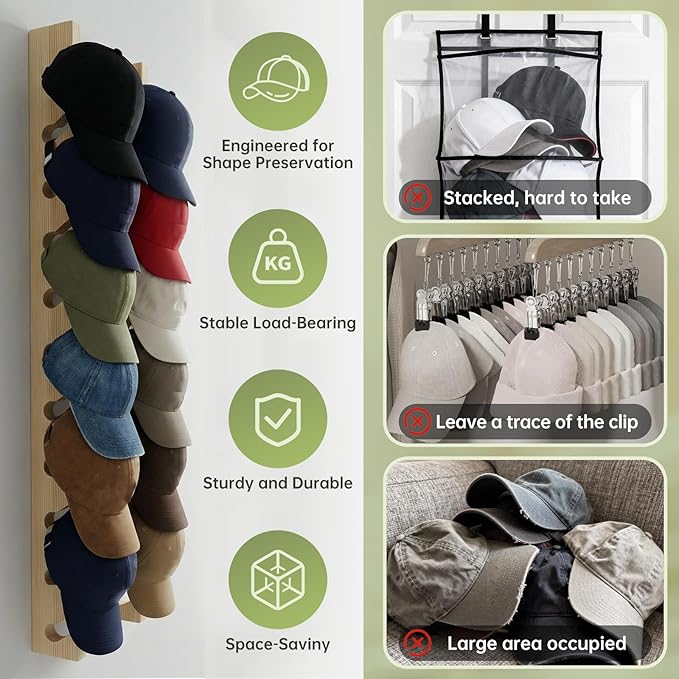 2 Pack Solid Pine Wood Hat Rack for Wall - Heavy Duty Wall Mounted Organizer Holds 20 Baseball Caps, Secure Screw Installation, 10-Slot Vertical Display for Closet, Bedroom, Entryway & Laundry Room