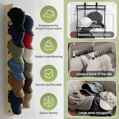 2 Pack Solid Pine Wood Hat Rack for Wall - Heavy Duty Wall Mounted Organizer Holds 20 Baseball Caps, Secure Screw Installation, 10-Slot Vertical Display for Closet, Bedroom, Entryway & Laundry Room