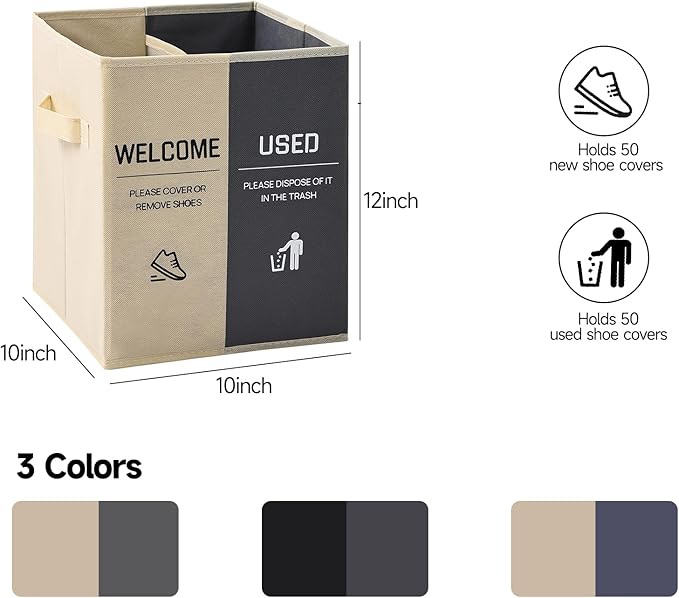 Foldable Shoe Cover Box Dispenser Storage Box Storage Bin Holder with Used Shoe Covers and Welcome Please or Remove Sign for Open House Supplies (Beige, Gray)
