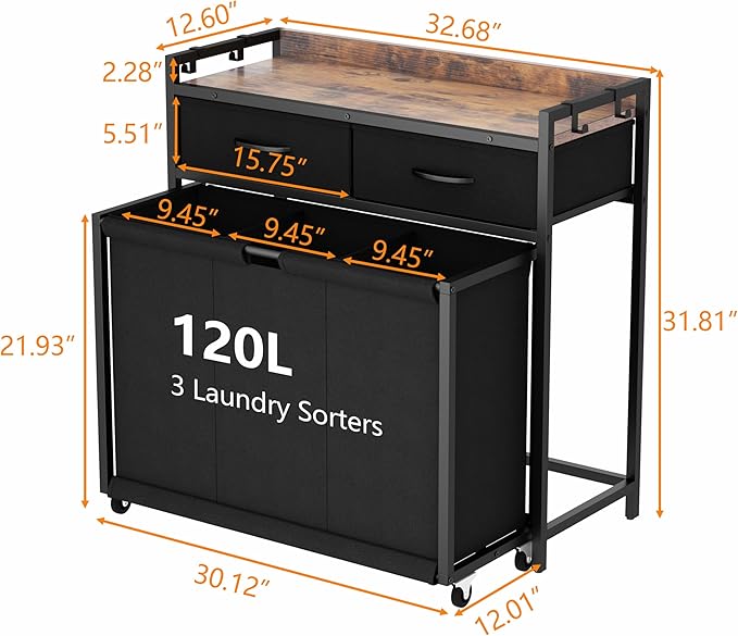 STIKELY Laundry Hamper Laundry Basket with 3 Section Pull-Out Rolling Bags, Laundry Sorter for Organization and Storage with 2 Pull-Out Drawers for Laundry Room, Bathroom, Bedroom Use (Rustic Brown)