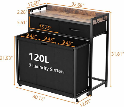 STIKELY Laundry Hamper Laundry Basket with 3 Section Pull-Out Rolling Bags, Laundry Sorter for Organization and Storage with 2 Pull-Out Drawers for Laundry Room, Bathroom, Bedroom Use (Rustic Brown)
