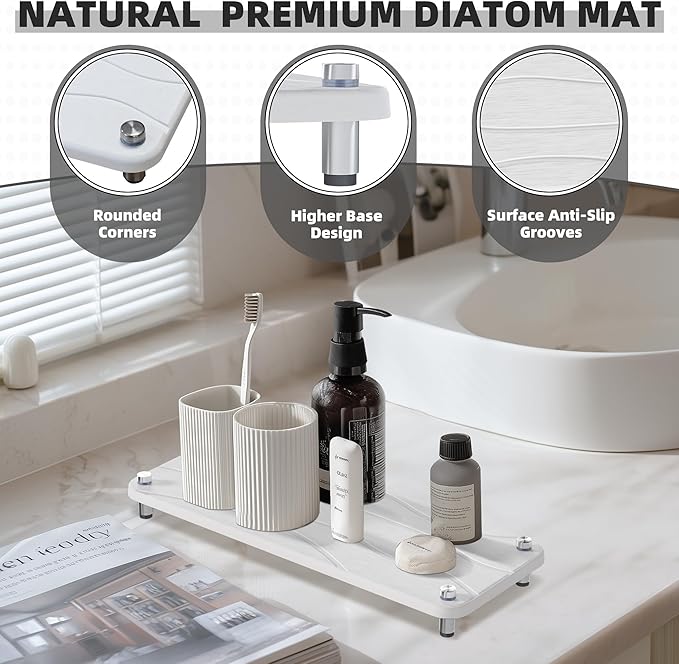 2Pcs Stone Drying Mat, Water Absorbing Stone Tray with Stainless Steel Feet, Fast Drying Diatomite Stones Sink Tray, Soap Dish Rack, Vanity Trays Dispenser Organizer for Bathroom(11"L x 4.3"W x 1.3"H)