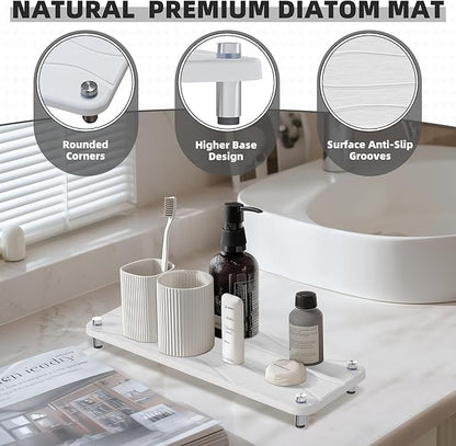 2Pcs Stone Drying Mat, Water Absorbing Stone Tray with Stainless Steel Feet, Fast Drying Diatomite Stones Sink Tray, Soap Dish Rack, Vanity Trays Dispenser Organizer for Bathroom(11"L x 4.3"W x 1.3"H)