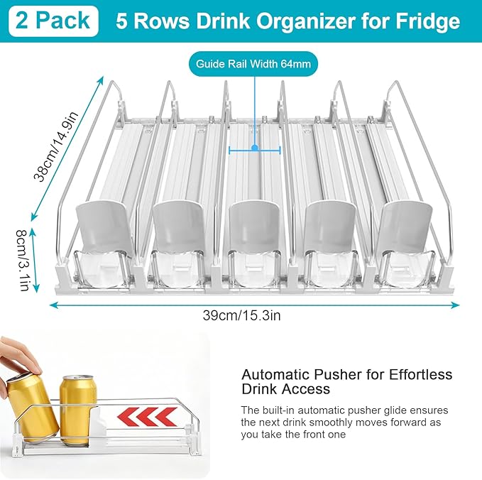 2 Pack Drink Organizer for Fridge, Self Pushing Fridge Drink Organizer, Self Pushing Soda Dispenser for Refrigerator, Automatic Drink Dispenser for Fridge, Holds up to 50 Cans (10 Rows)
