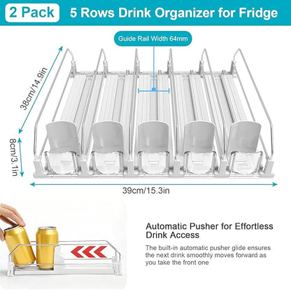 2 Pack Drink Organizer for Fridge, Self Pushing Fridge Drink Organizer, Self Pushing Soda Dispenser for Refrigerator, Automatic Drink Dispenser for Fridge, Holds up to 50 Cans (10 Rows)