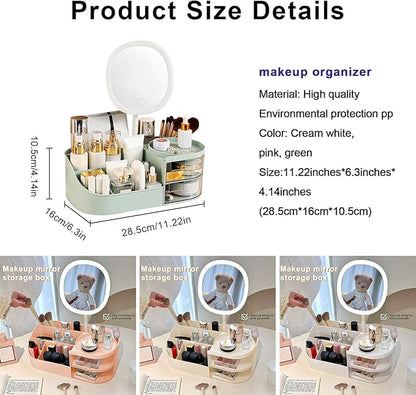 DASITON Makeup Organizer with Rechargeable Mirror,Makeup Brush Holder with 2 Drawers,Skincare and Cosmetics Organizer Countertop,Large Capacity Cosmetic Display Case for Vanity,Bedroom,Bathroom(Green)