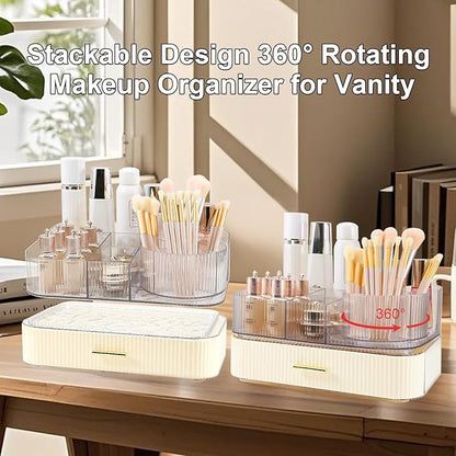 DASITON Makeup Organizer with Drawers and Rotating Makeup Brush Holder,Large Capacity Stackable Cosmetic Organizer Countertop,Bathroom Organizers and Storage,Make up Organizers for Vanity (Cream 02)