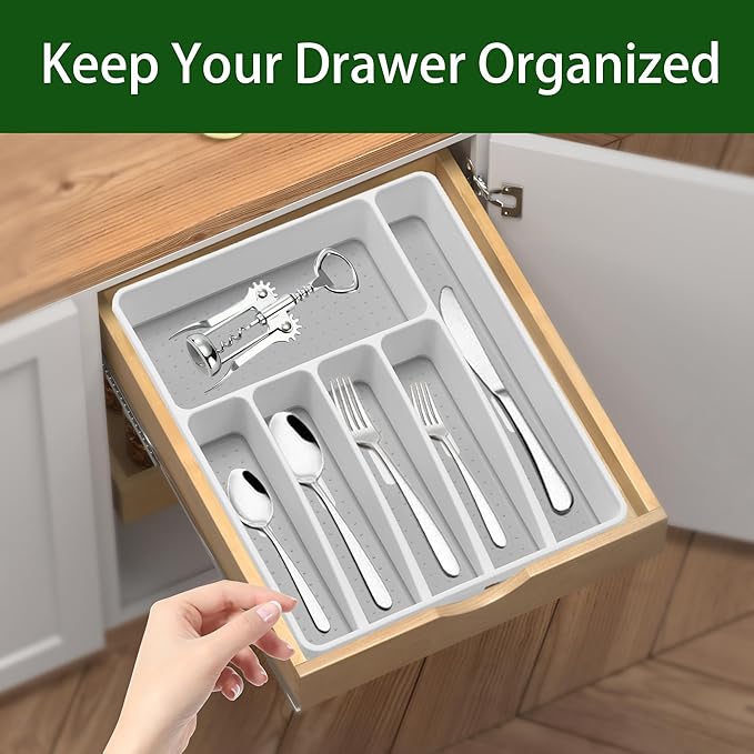 Loyareal Silverware Organizer Utensil Organizer Holder Kitchen Drawer Organizer Plastic Silverware Tray for Drawer Flatware Organizer 6 Compartment White