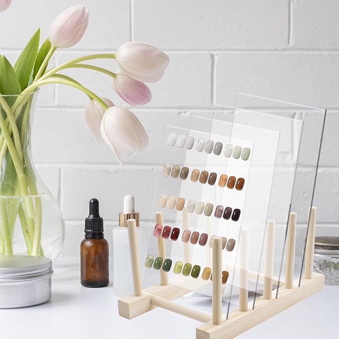 4 PCS Transparent Nail Art Display Board with Wooden Display Holder, Acrylic Display Polish Board with Double Sided Tape False Nail Tips Sample Display Holder Nail Color Nail Practice Board