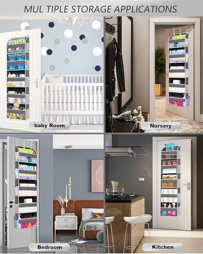TAHAVICE 2 Pack Over The Door Storage Organizer with 5 Pockets 10 Mesh Side Pockets, 44 lbs Weight Capacity Door Hanging Organizers and Storage for Bedroom,Bathroom,Nursery,Pantry,Dorm(Dark Gray)